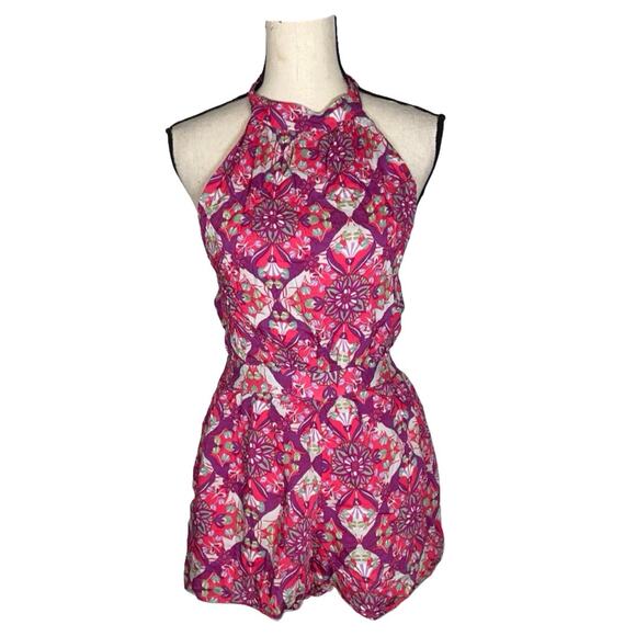 Free People Coral Tides Pink Print High Neck Tie-Back Sleeveless Romper  Size: S - Picture 2 of 5